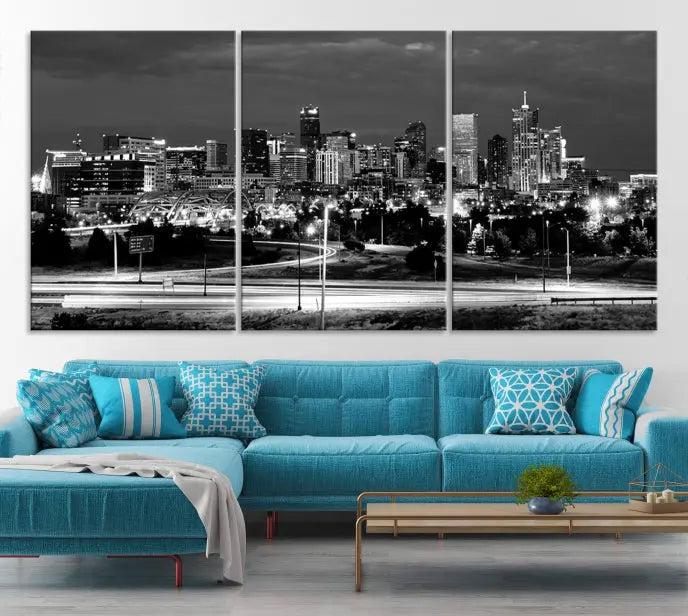 The "Denver City Lights Skyline Black and White Wall Art Cityscape Canvas Print" is elegantly displayed. This museum-quality canvas artwork, complete with a UV-protective coating, is ready to hang, adding both style and protection to your space.