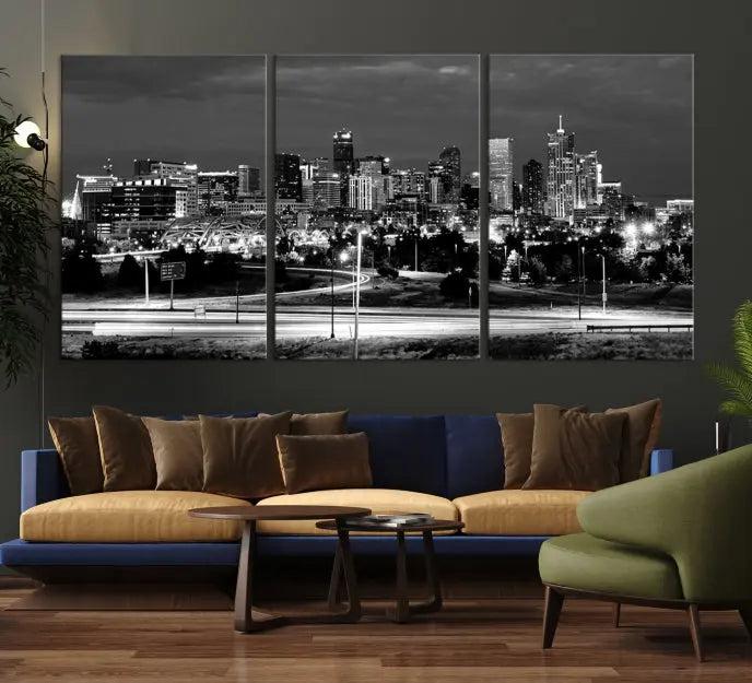 The "Denver City Lights Skyline Black and White Wall Art Cityscape Canvas Print" is elegantly displayed. This museum-quality canvas artwork, complete with a UV-protective coating, is ready to hang, adding both style and protection to your space.