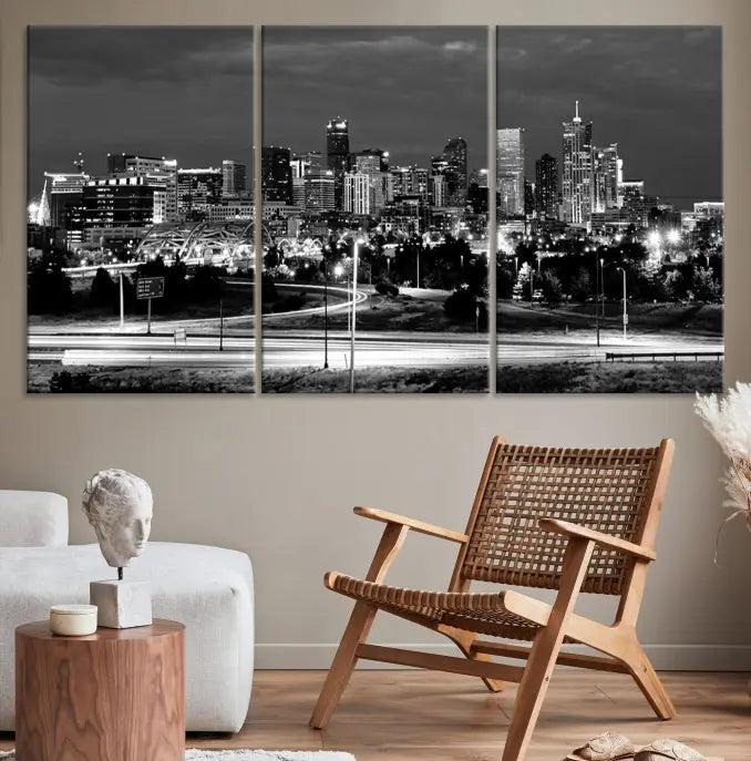 The "Denver City Lights Skyline Black and White Wall Art Cityscape Canvas Print" is elegantly displayed. This museum-quality canvas artwork, complete with a UV-protective coating, is ready to hang, adding both style and protection to your space.