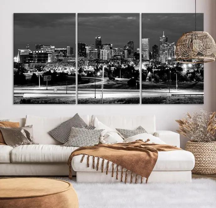 The "Denver City Lights Skyline Black and White Wall Art Cityscape Canvas Print" is elegantly displayed. This museum-quality canvas artwork, complete with a UV-protective coating, is ready to hang, adding both style and protection to your space.