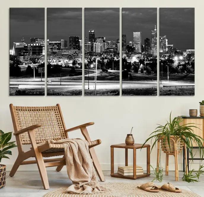 The "Denver City Lights Skyline Black and White Wall Art Cityscape Canvas Print" is elegantly displayed. This museum-quality canvas artwork, complete with a UV-protective coating, is ready to hang, adding both style and protection to your space.