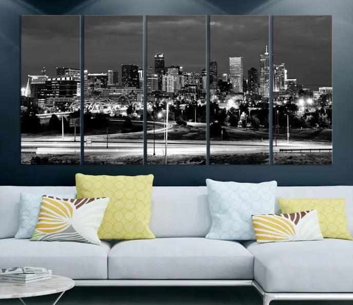 The "Denver City Lights Skyline Black and White Wall Art Cityscape Canvas Print" is elegantly displayed. This museum-quality canvas artwork, complete with a UV-protective coating, is ready to hang, adding both style and protection to your space.