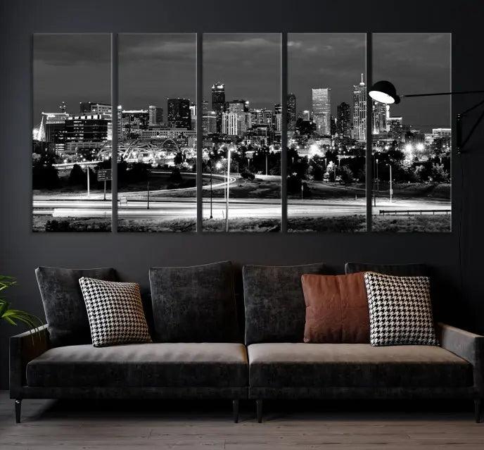 The "Denver City Lights Skyline Black and White Wall Art Cityscape Canvas Print" is elegantly displayed. This museum-quality canvas artwork, complete with a UV-protective coating, is ready to hang, adding both style and protection to your space.