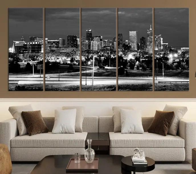 The "Denver City Lights Skyline Black and White Wall Art Cityscape Canvas Print" is elegantly displayed. This museum-quality canvas artwork, complete with a UV-protective coating, is ready to hang, adding both style and protection to your space.