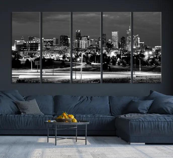 The "Denver City Lights Skyline Black and White Wall Art Cityscape Canvas Print" is elegantly displayed. This museum-quality canvas artwork, complete with a UV-protective coating, is ready to hang, adding both style and protection to your space.