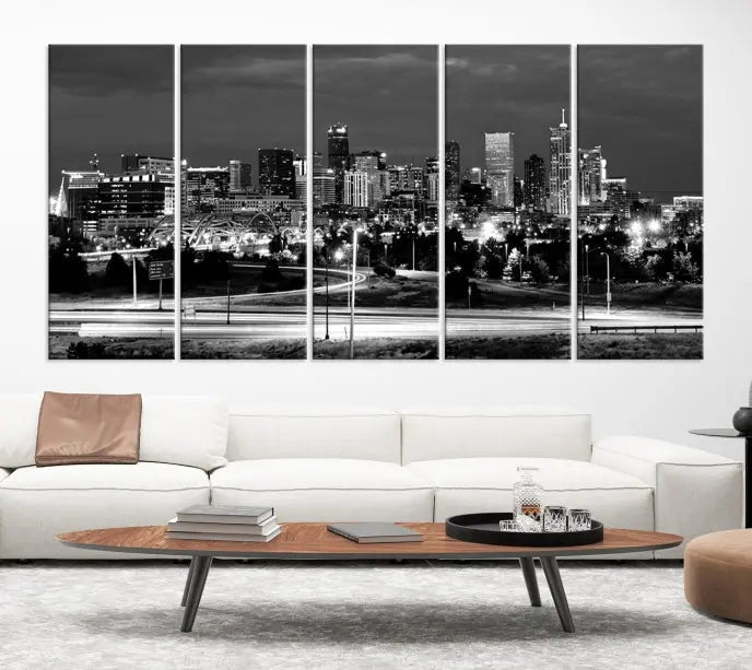 The "Denver City Lights Skyline Black and White Wall Art Cityscape Canvas Print" is elegantly displayed. This museum-quality canvas artwork, complete with a UV-protective coating, is ready to hang, adding both style and protection to your space.