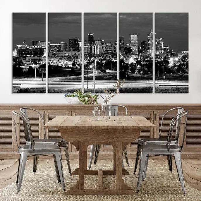 The "Denver City Lights Skyline Black and White Wall Art Cityscape Canvas Print" is elegantly displayed. This museum-quality canvas artwork, complete with a UV-protective coating, is ready to hang, adding both style and protection to your space.