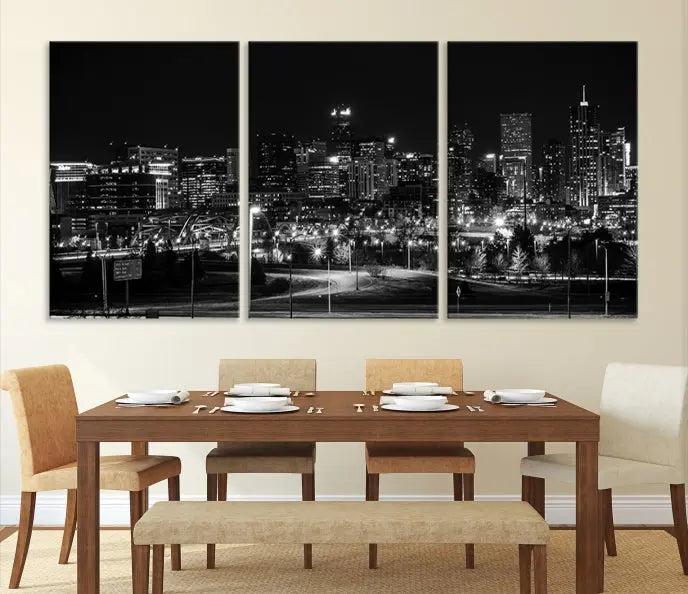 The Denver City Lights Skyline Black and White Wall Art Cityscape Canvas Print, a stunning three-panel piece, enhances the modern living room. Printed on museum-quality canvas and finished with a satin varnish, this artwork elegantly adds both charm and durability to the space.