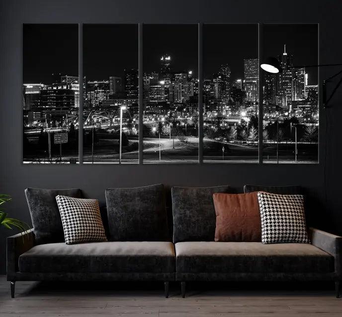 The Denver City Lights Skyline Black and White Wall Art Cityscape Canvas Print, a stunning three-panel piece, enhances the modern living room. Printed on museum-quality canvas and finished with a satin varnish, this artwork elegantly adds both charm and durability to the space.