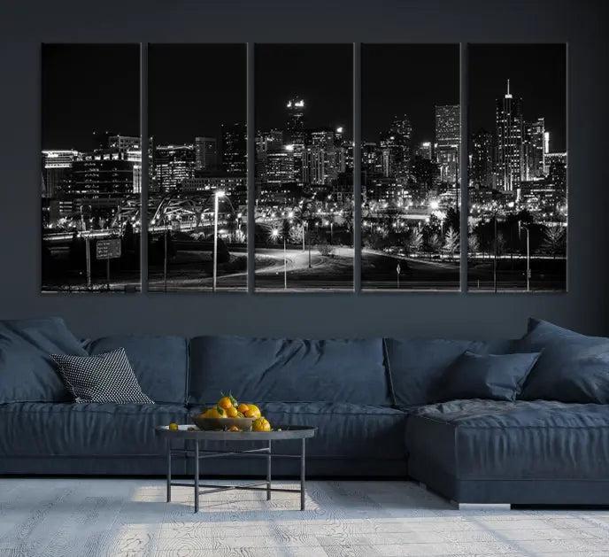 The Denver City Lights Skyline Black and White Wall Art Cityscape Canvas Print, a stunning three-panel piece, enhances the modern living room. Printed on museum-quality canvas and finished with a satin varnish, this artwork elegantly adds both charm and durability to the space.