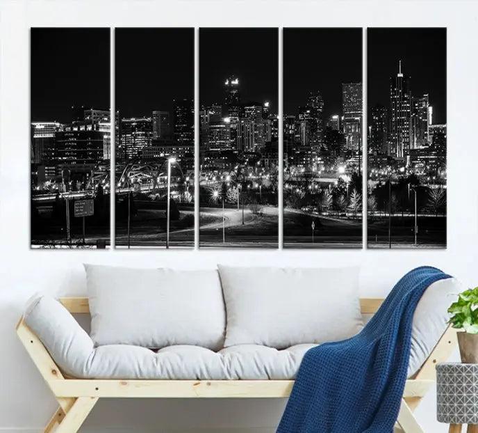 The Denver City Lights Skyline Black and White Wall Art Cityscape Canvas Print, a stunning three-panel piece, enhances the modern living room. Printed on museum-quality canvas and finished with a satin varnish, this artwork elegantly adds both charm and durability to the space.