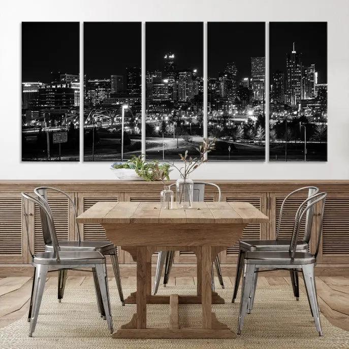 The Denver City Lights Skyline Black and White Wall Art Cityscape Canvas Print, a stunning three-panel piece, enhances the modern living room. Printed on museum-quality canvas and finished with a satin varnish, this artwork elegantly adds both charm and durability to the space.