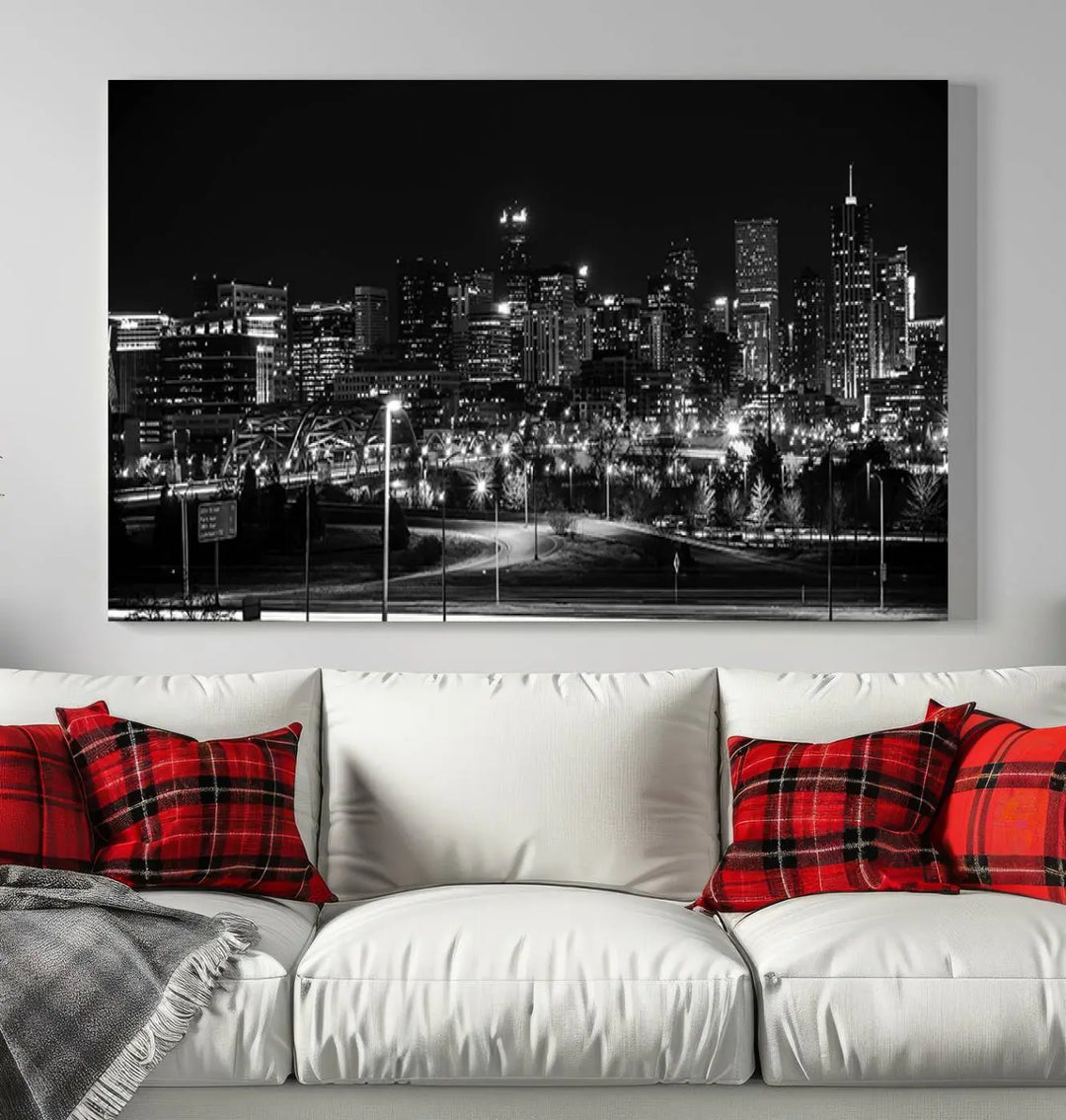 A black and white depiction of Denver's city lights skyline presents a striking image. This museum-quality "Denver City Lights Skyline Black and White Wall Art Cityscape Canvas Print" comes with free shipping, capturing urban elegance for your home.