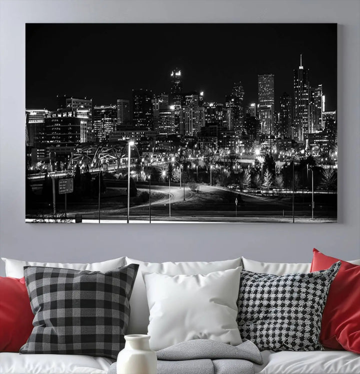 A black and white depiction of Denver's city lights skyline presents a striking image. This museum-quality "Denver City Lights Skyline Black and White Wall Art Cityscape Canvas Print" comes with free shipping, capturing urban elegance for your home.