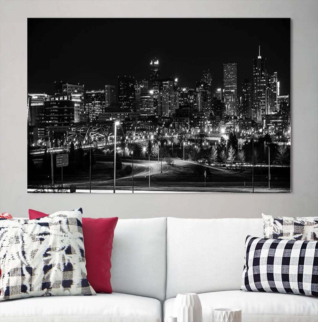 A black and white depiction of Denver's city lights skyline presents a striking image. This museum-quality "Denver City Lights Skyline Black and White Wall Art Cityscape Canvas Print" comes with free shipping, capturing urban elegance for your home.