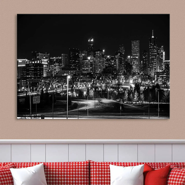 A black and white depiction of Denver's city lights skyline presents a striking image. This museum-quality "Denver City Lights Skyline Black and White Wall Art Cityscape Canvas Print" comes with free shipping, capturing urban elegance for your home.