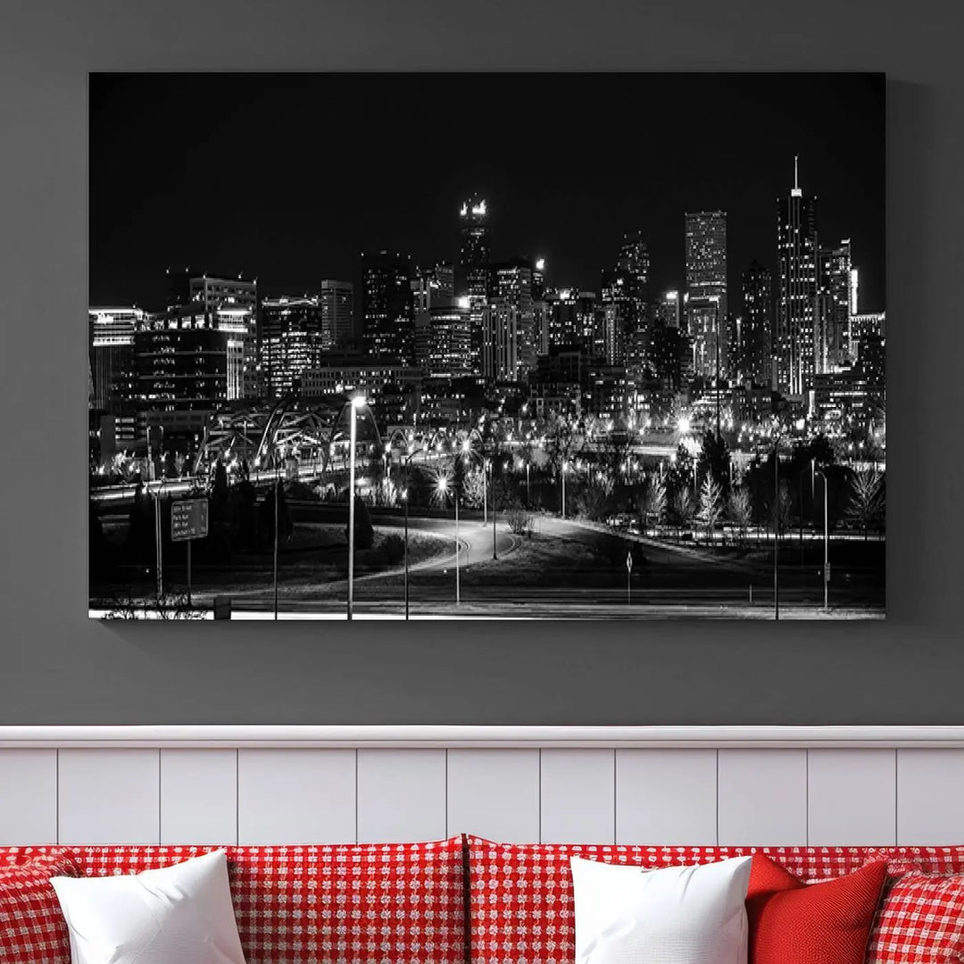 A black and white depiction of Denver's city lights skyline presents a striking image. This museum-quality "Denver City Lights Skyline Black and White Wall Art Cityscape Canvas Print" comes with free shipping, capturing urban elegance for your home.