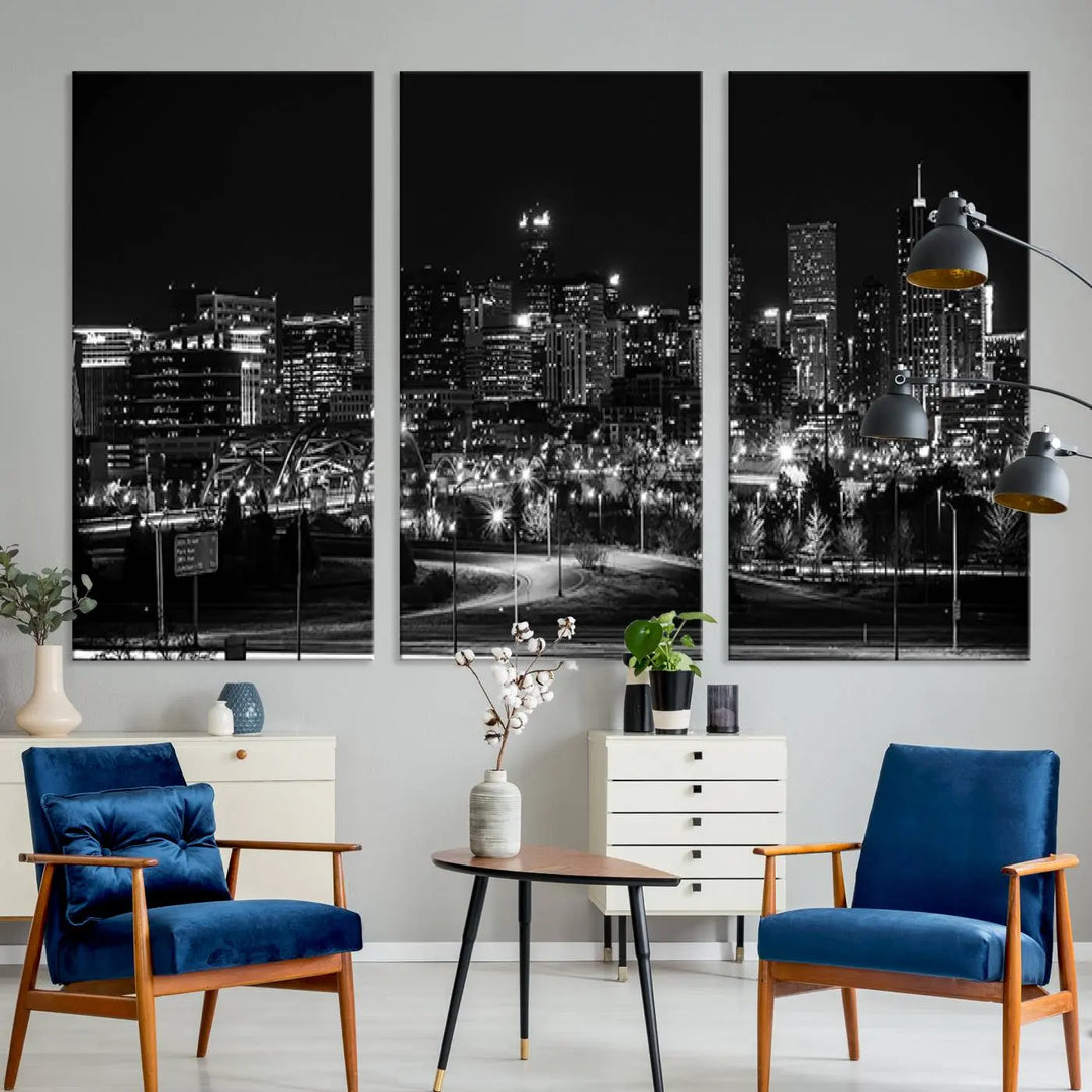 A black and white depiction of Denver's city lights skyline presents a striking image. This museum-quality "Denver City Lights Skyline Black and White Wall Art Cityscape Canvas Print" comes with free shipping, capturing urban elegance for your home.