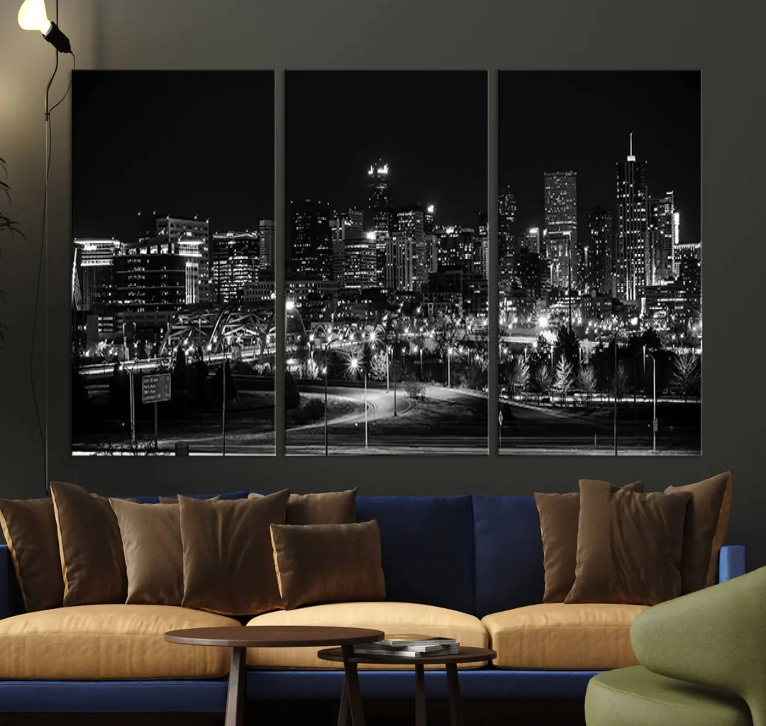 A black and white depiction of Denver's city lights skyline presents a striking image. This museum-quality "Denver City Lights Skyline Black and White Wall Art Cityscape Canvas Print" comes with free shipping, capturing urban elegance for your home.