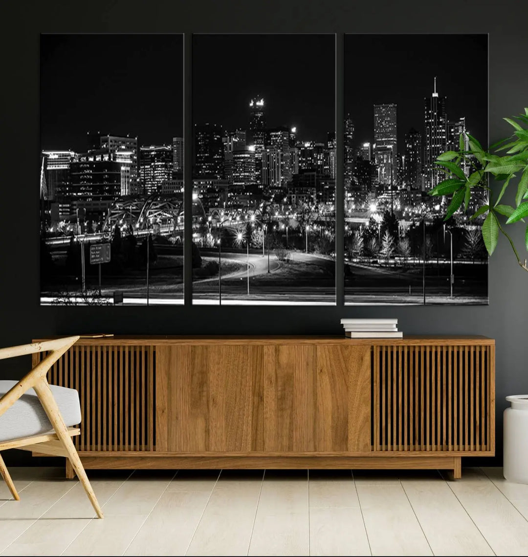 A black and white depiction of Denver's city lights skyline presents a striking image. This museum-quality "Denver City Lights Skyline Black and White Wall Art Cityscape Canvas Print" comes with free shipping, capturing urban elegance for your home.