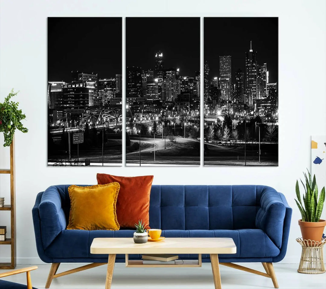 A black and white depiction of Denver's city lights skyline presents a striking image. This museum-quality "Denver City Lights Skyline Black and White Wall Art Cityscape Canvas Print" comes with free shipping, capturing urban elegance for your home.