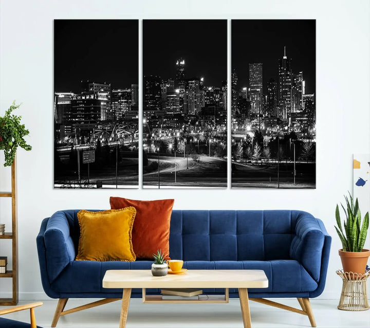 A black and white depiction of Denver's city lights skyline presents a striking image. This museum-quality "Denver City Lights Skyline Black and White Wall Art Cityscape Canvas Print" comes with free shipping, capturing urban elegance for your home.