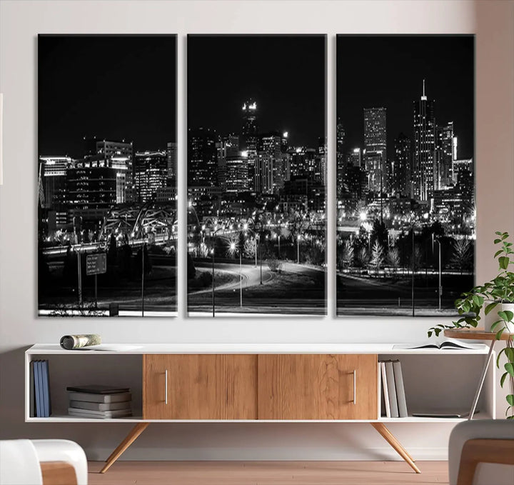 A black and white depiction of Denver's city lights skyline presents a striking image. This museum-quality "Denver City Lights Skyline Black and White Wall Art Cityscape Canvas Print" comes with free shipping, capturing urban elegance for your home.