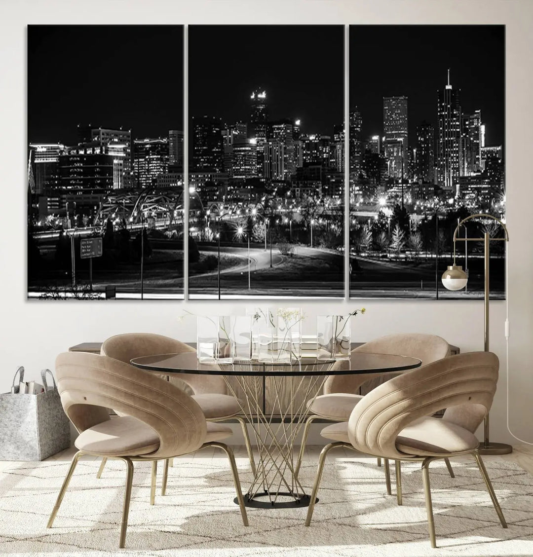 A black and white depiction of Denver's city lights skyline presents a striking image. This museum-quality "Denver City Lights Skyline Black and White Wall Art Cityscape Canvas Print" comes with free shipping, capturing urban elegance for your home.