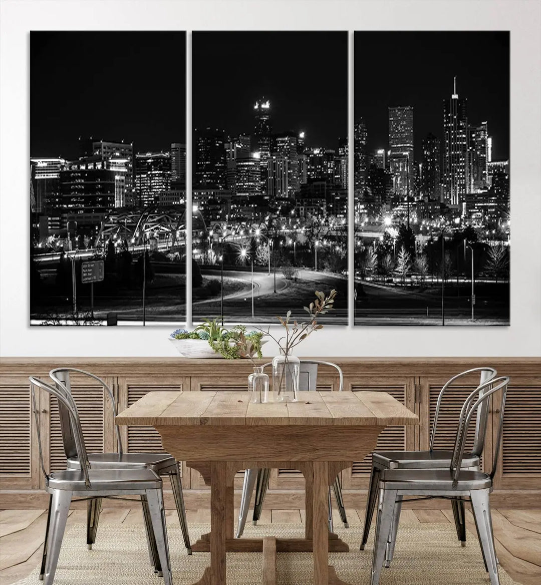 A black and white depiction of Denver's city lights skyline presents a striking image. This museum-quality "Denver City Lights Skyline Black and White Wall Art Cityscape Canvas Print" comes with free shipping, capturing urban elegance for your home.