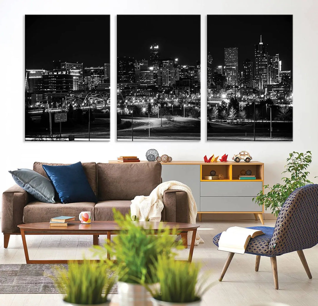 A black and white depiction of Denver's city lights skyline presents a striking image. This museum-quality "Denver City Lights Skyline Black and White Wall Art Cityscape Canvas Print" comes with free shipping, capturing urban elegance for your home.