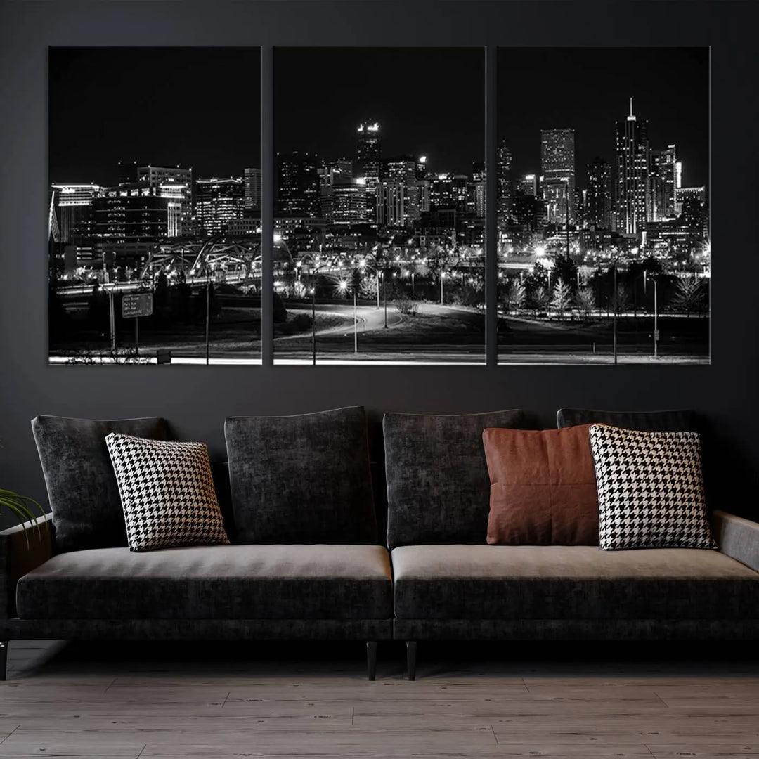 A black and white depiction of Denver's city lights skyline presents a striking image. This museum-quality "Denver City Lights Skyline Black and White Wall Art Cityscape Canvas Print" comes with free shipping, capturing urban elegance for your home.