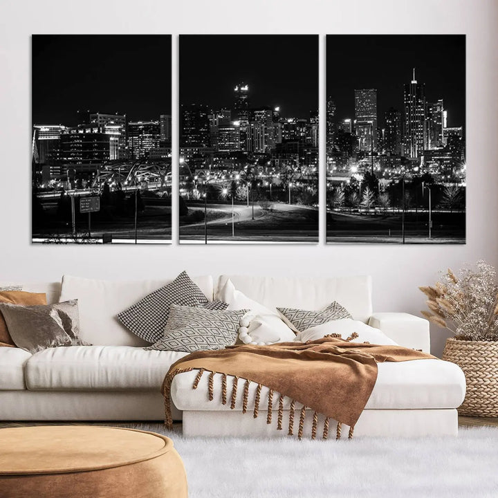 A black and white depiction of Denver's city lights skyline presents a striking image. This museum-quality "Denver City Lights Skyline Black and White Wall Art Cityscape Canvas Print" comes with free shipping, capturing urban elegance for your home.