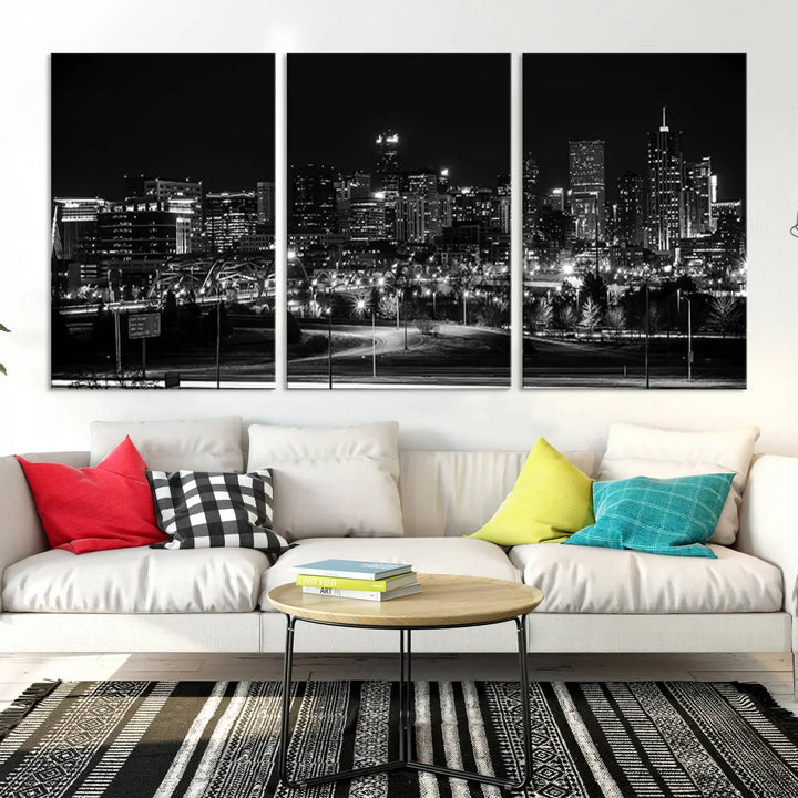 A black and white depiction of Denver's city lights skyline presents a striking image. This museum-quality "Denver City Lights Skyline Black and White Wall Art Cityscape Canvas Print" comes with free shipping, capturing urban elegance for your home.