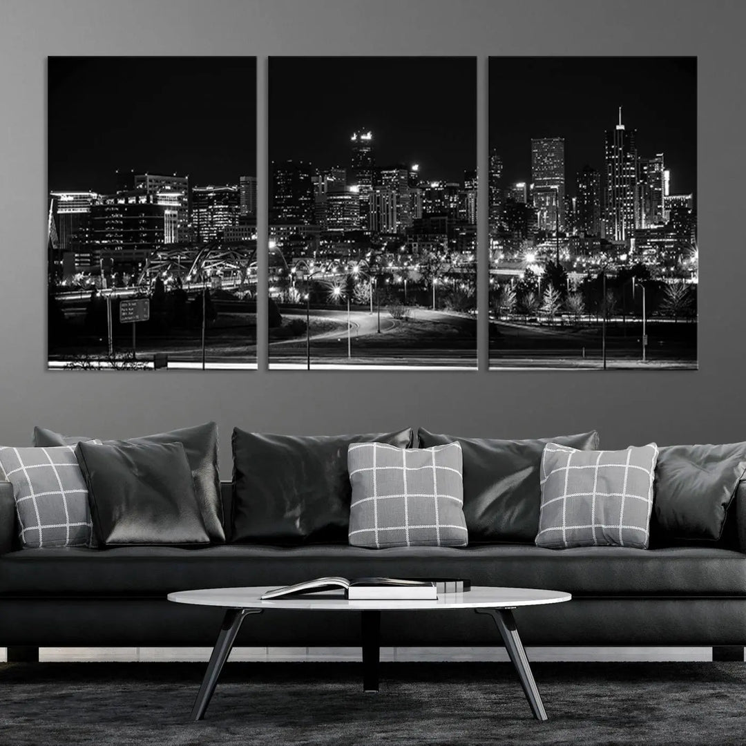 A black and white depiction of Denver's city lights skyline presents a striking image. This museum-quality "Denver City Lights Skyline Black and White Wall Art Cityscape Canvas Print" comes with free shipping, capturing urban elegance for your home.