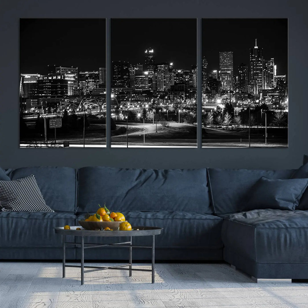 A black and white depiction of Denver's city lights skyline presents a striking image. This museum-quality "Denver City Lights Skyline Black and White Wall Art Cityscape Canvas Print" comes with free shipping, capturing urban elegance for your home.