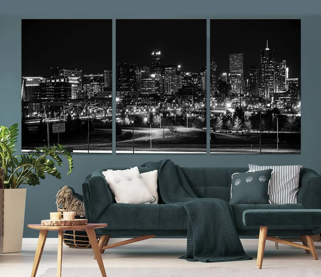 A black and white depiction of Denver's city lights skyline presents a striking image. This museum-quality "Denver City Lights Skyline Black and White Wall Art Cityscape Canvas Print" comes with free shipping, capturing urban elegance for your home.