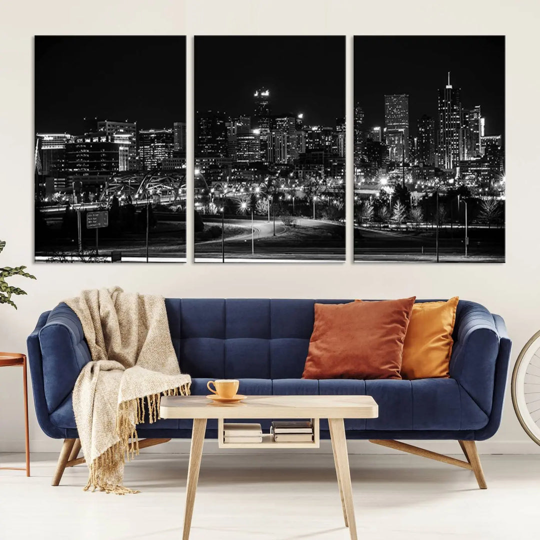 A black and white depiction of Denver's city lights skyline presents a striking image. This museum-quality "Denver City Lights Skyline Black and White Wall Art Cityscape Canvas Print" comes with free shipping, capturing urban elegance for your home.