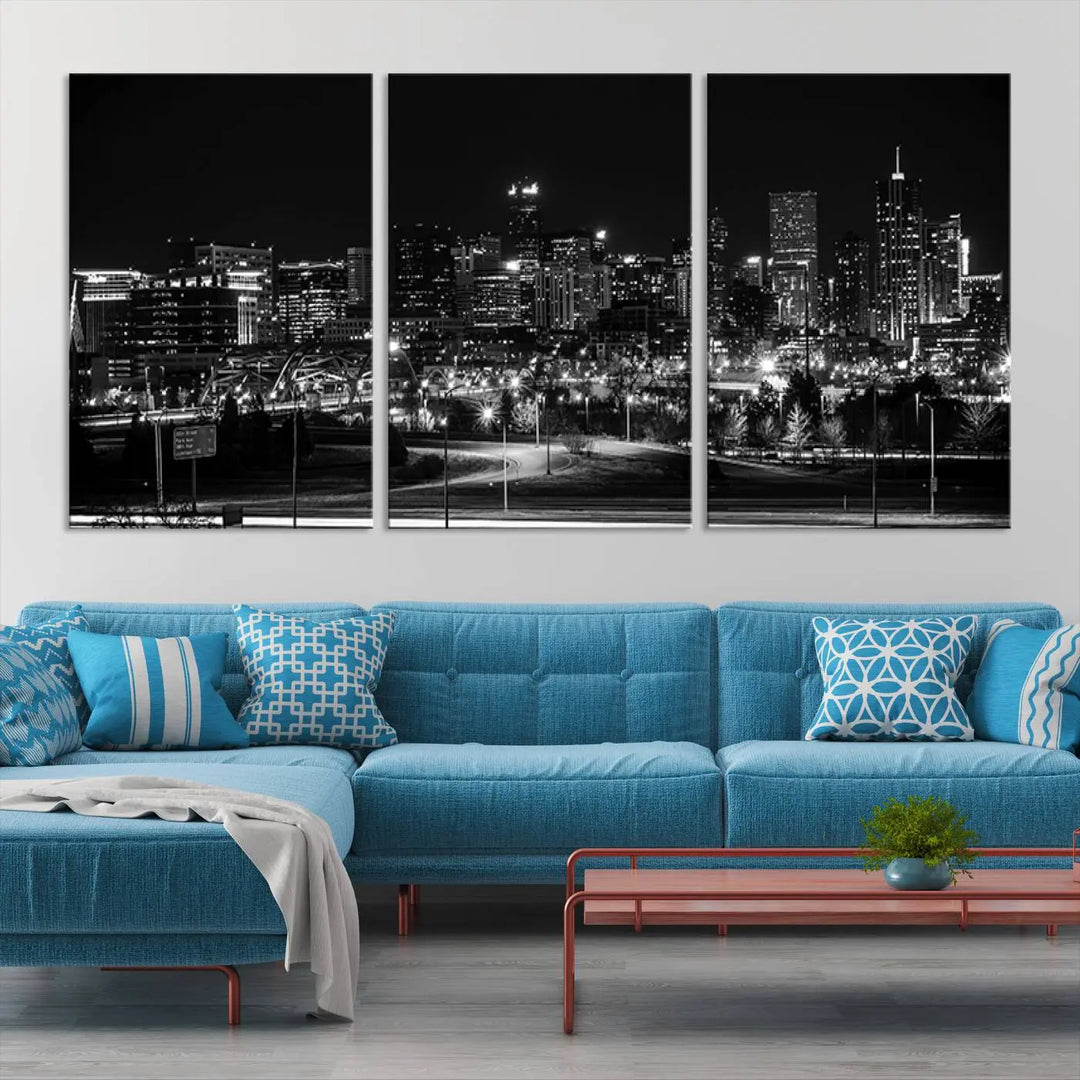 A black and white depiction of Denver's city lights skyline presents a striking image. This museum-quality "Denver City Lights Skyline Black and White Wall Art Cityscape Canvas Print" comes with free shipping, capturing urban elegance for your home.