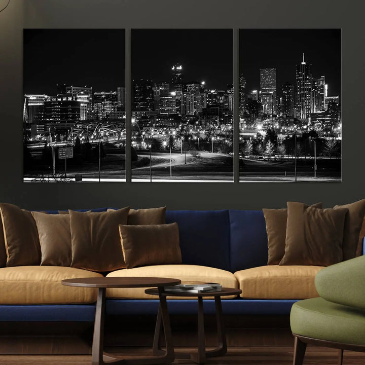 A black and white depiction of Denver's city lights skyline presents a striking image. This museum-quality "Denver City Lights Skyline Black and White Wall Art Cityscape Canvas Print" comes with free shipping, capturing urban elegance for your home.