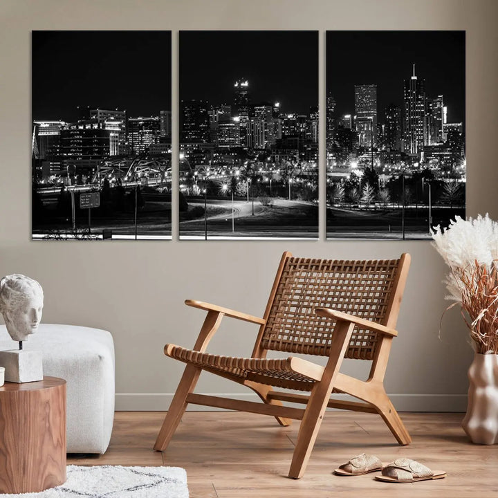 A black and white depiction of Denver's city lights skyline presents a striking image. This museum-quality "Denver City Lights Skyline Black and White Wall Art Cityscape Canvas Print" comes with free shipping, capturing urban elegance for your home.