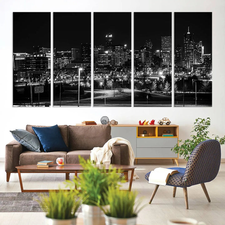 A black and white depiction of Denver's city lights skyline presents a striking image. This museum-quality "Denver City Lights Skyline Black and White Wall Art Cityscape Canvas Print" comes with free shipping, capturing urban elegance for your home.