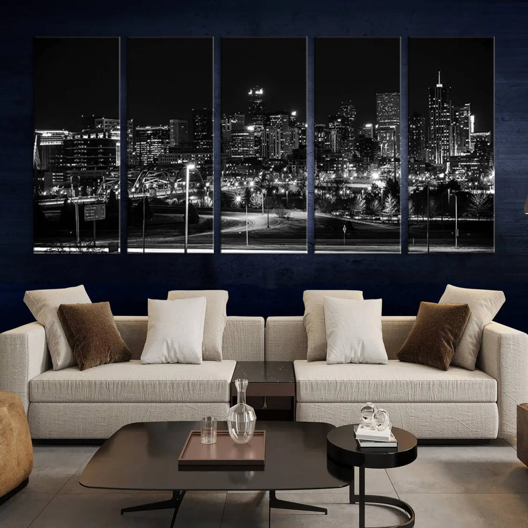 A black and white depiction of Denver's city lights skyline presents a striking image. This museum-quality "Denver City Lights Skyline Black and White Wall Art Cityscape Canvas Print" comes with free shipping, capturing urban elegance for your home.