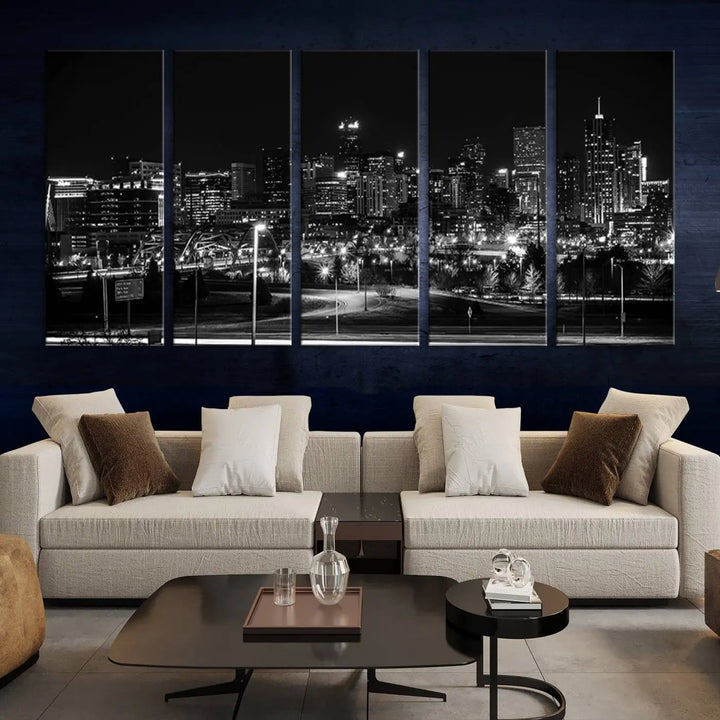 A black and white depiction of Denver's city lights skyline presents a striking image. This museum-quality "Denver City Lights Skyline Black and White Wall Art Cityscape Canvas Print" comes with free shipping, capturing urban elegance for your home.