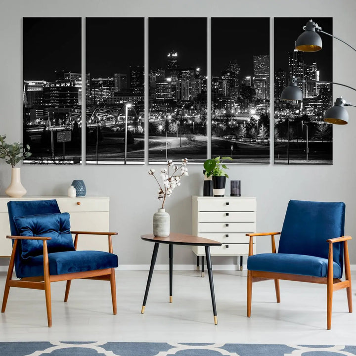 A black and white depiction of Denver's city lights skyline presents a striking image. This museum-quality "Denver City Lights Skyline Black and White Wall Art Cityscape Canvas Print" comes with free shipping, capturing urban elegance for your home.