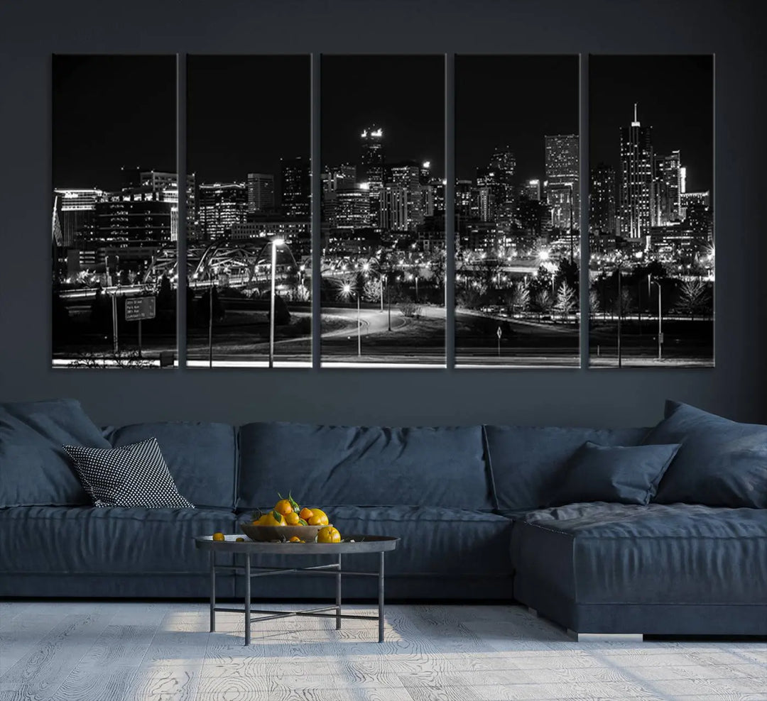 A black and white depiction of Denver's city lights skyline presents a striking image. This museum-quality "Denver City Lights Skyline Black and White Wall Art Cityscape Canvas Print" comes with free shipping, capturing urban elegance for your home.