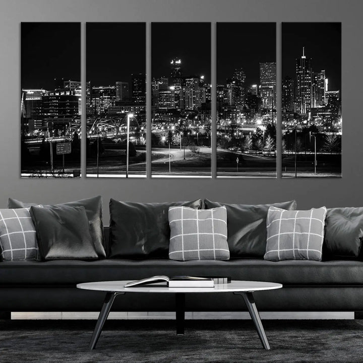 A black and white depiction of Denver's city lights skyline presents a striking image. This museum-quality "Denver City Lights Skyline Black and White Wall Art Cityscape Canvas Print" comes with free shipping, capturing urban elegance for your home.