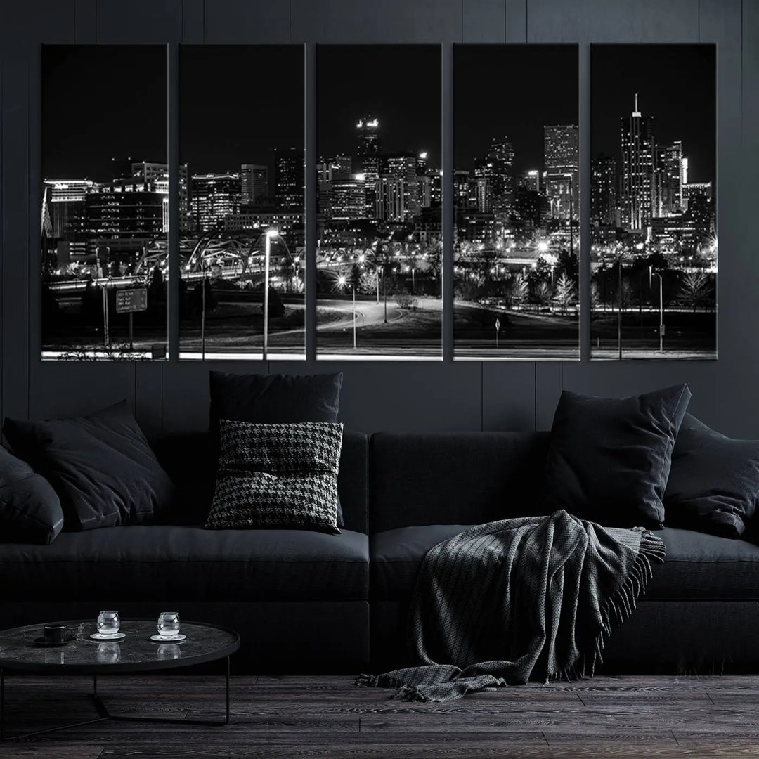 A black and white depiction of Denver's city lights skyline presents a striking image. This museum-quality "Denver City Lights Skyline Black and White Wall Art Cityscape Canvas Print" comes with free shipping, capturing urban elegance for your home.