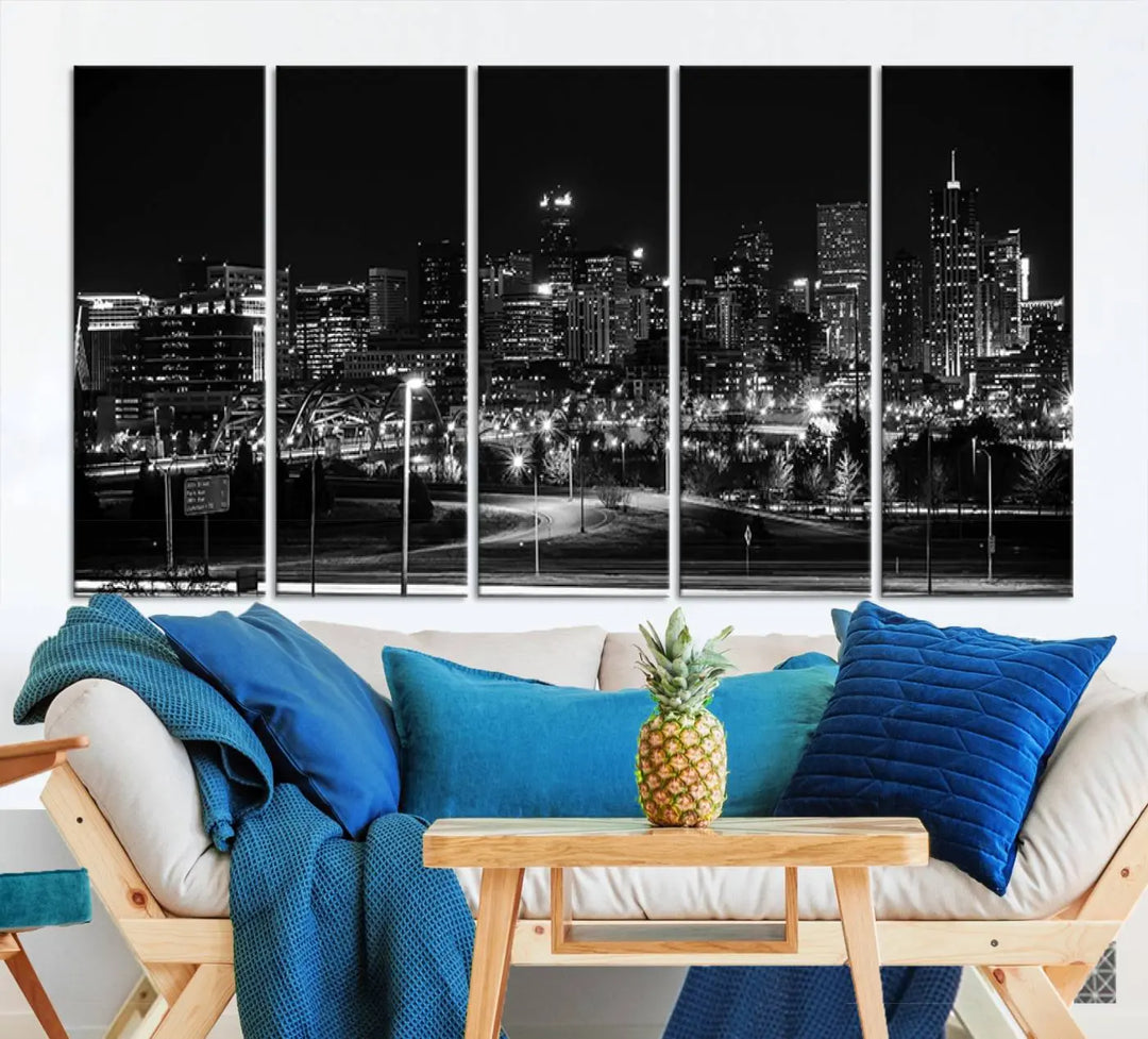 A black and white depiction of Denver's city lights skyline presents a striking image. This museum-quality "Denver City Lights Skyline Black and White Wall Art Cityscape Canvas Print" comes with free shipping, capturing urban elegance for your home.