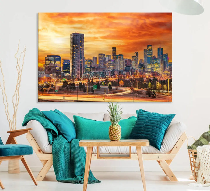 The "Denver City Lights Sunset Orange Cloudy Skyline Cityscape View Wall Art Canvas Print" features a vivid cityscape at sunset, beautifully presented on museum-quality canvases.