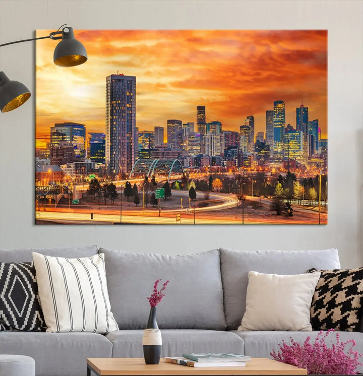 The "Denver City Lights Sunset Orange Cloudy Skyline Cityscape View Wall Art Canvas Print" features a vivid cityscape at sunset, beautifully presented on museum-quality canvases.